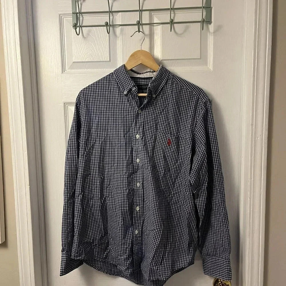 Men's US Polo Long Sleeve Shirt in Navy check size L